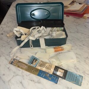 Vintage Union Steel Chest 2311 Teal Metal Box with Sewing Notions Zippers Lot